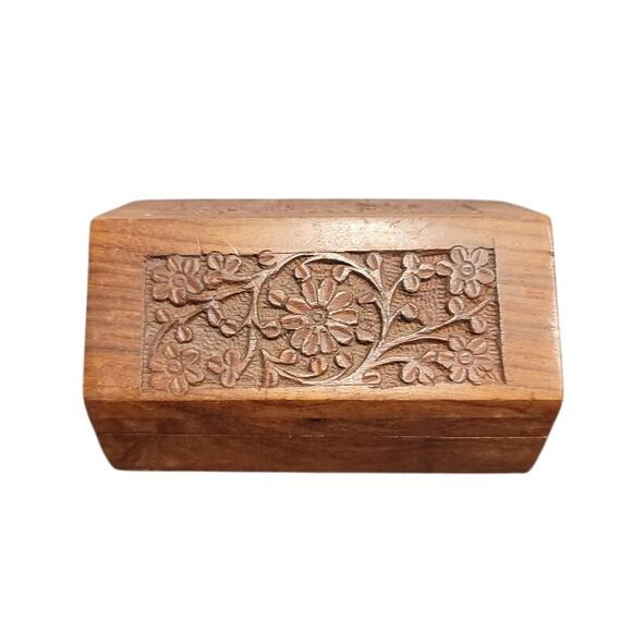 Unbranded Other - Wood Keepsake Box Hand-carved Trinket Storage Container Brown